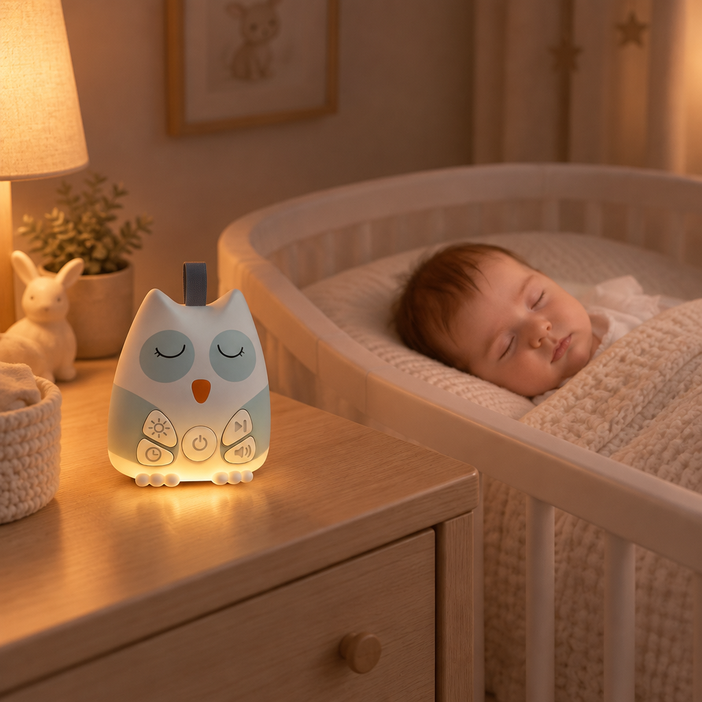 Bébé endormi avec le hibou bruit blanc sur une commode