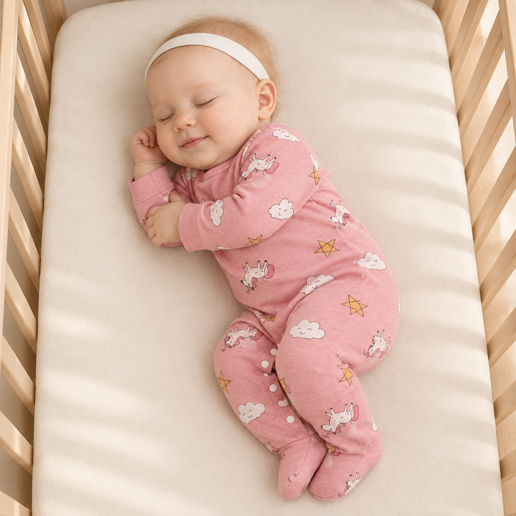Bébé dormant dans son berceau avec le pyjama rose