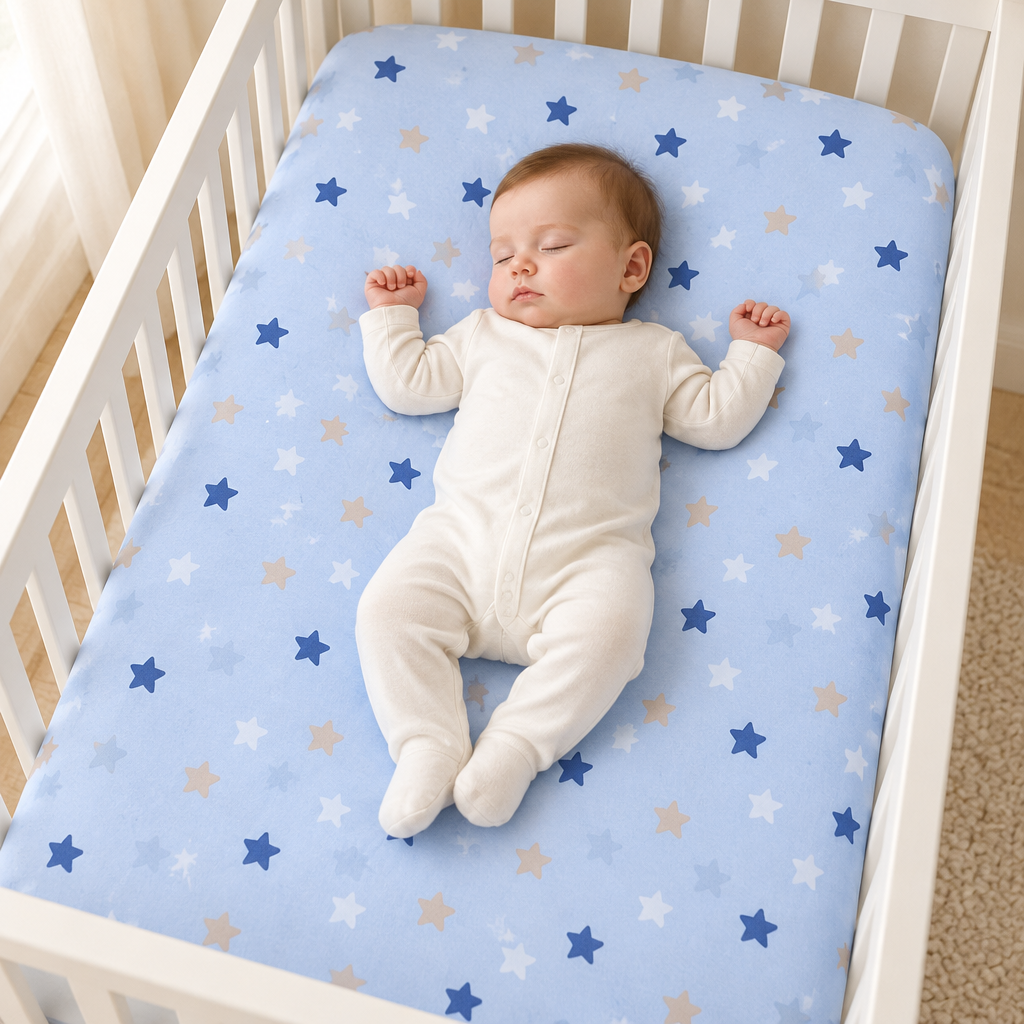 Bébé endormi sur un drap-housse bleu clair à étoiles