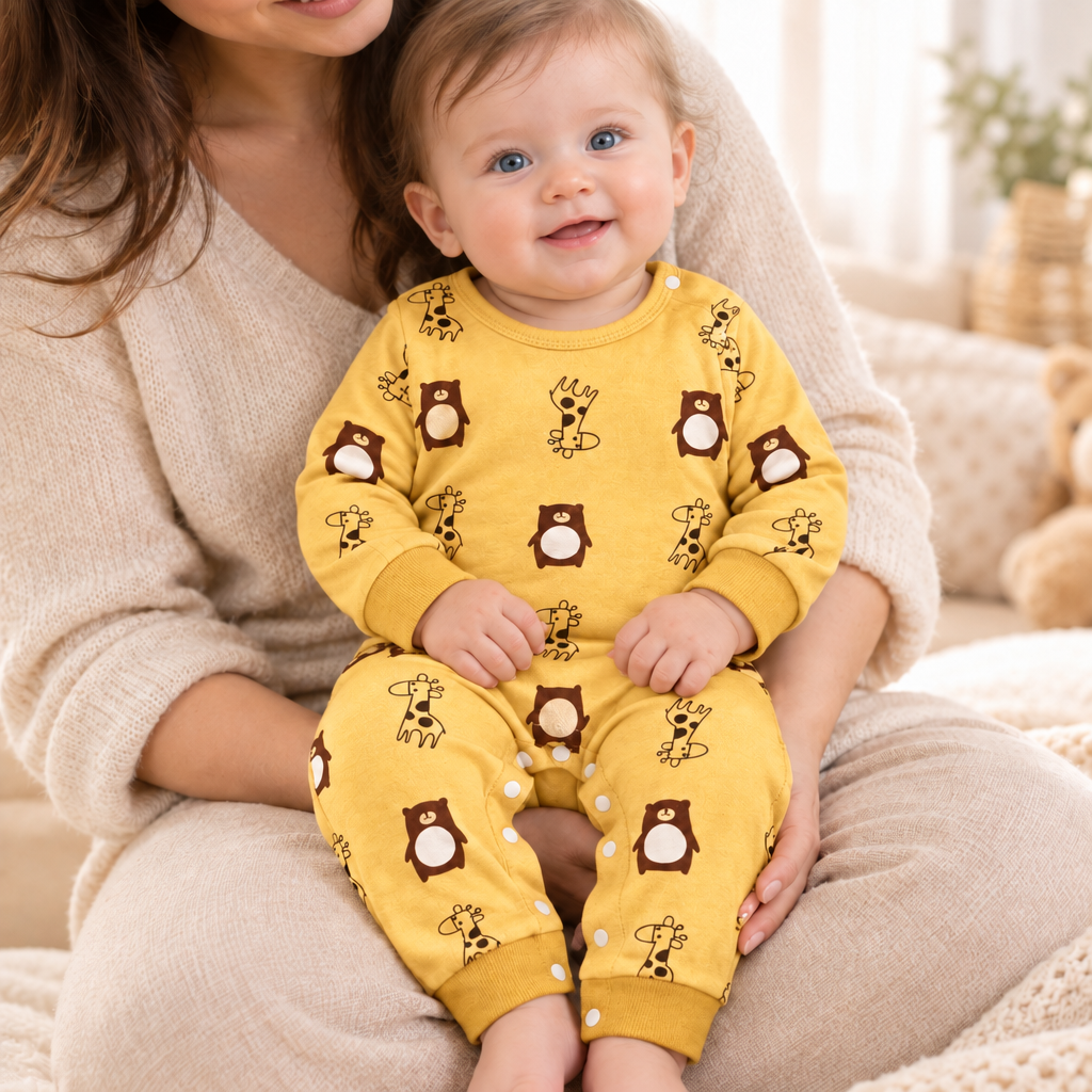 Bébé plus jeune aux yeux bleus portant le pyjama jaune