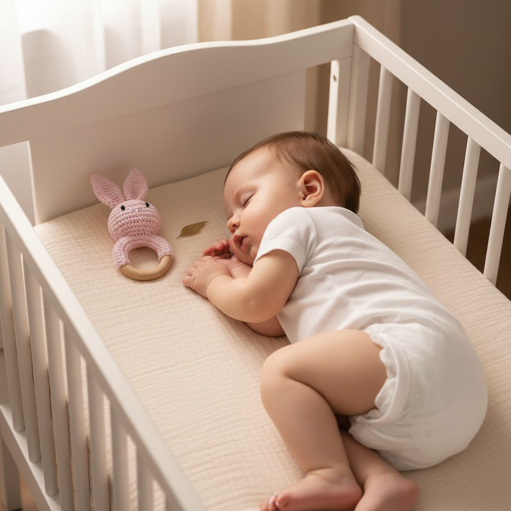 Bébé qui dort avec jouet lapin crochet