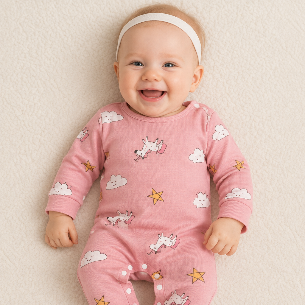 Bébé souriant portant le pyjama rose, sans doudou