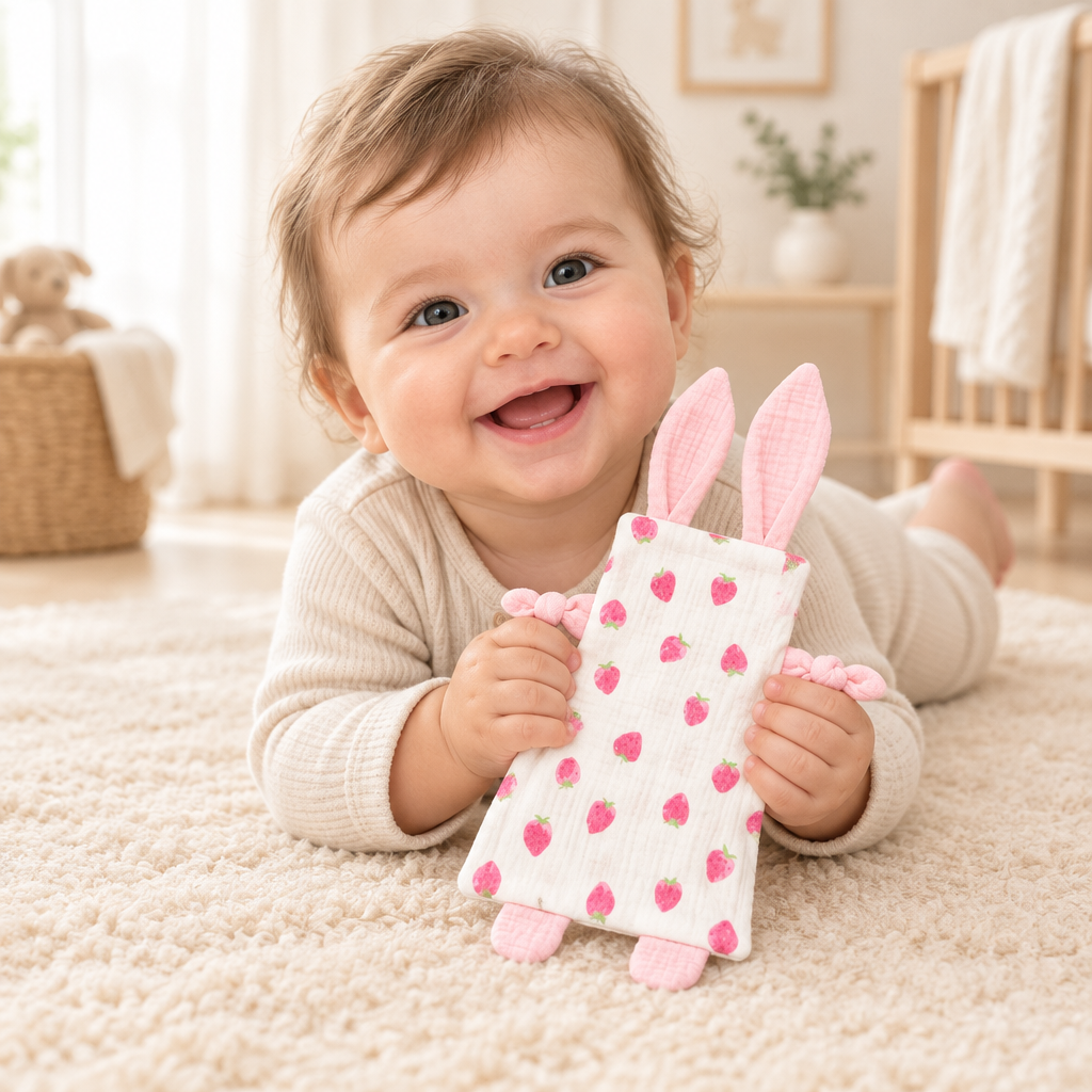 Bébé souriant tenant le doudou lapin aux fraises