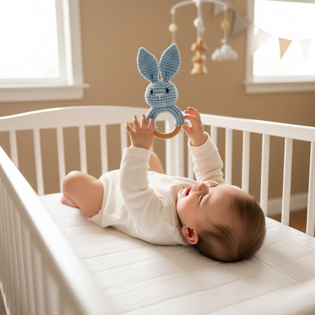 Bébé éveillé jouant avec le hochet lapin bleu