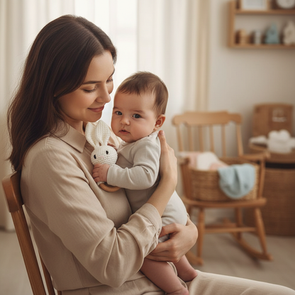 Maman tenant son bébé avec le hochet lapin blanc